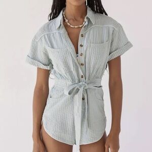 Urban Outfitters BDG Women’s Blue Striped Devon Linen Tie-Waist Romper Large